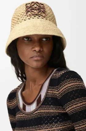 Anagram Bucket Hat in Raffia and Calfskin