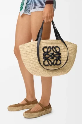 Medium Eclipse Basket in Raffia and Calfskin