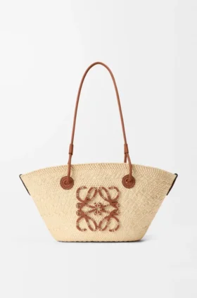 Small Anagram Basket Bag in Iraca Palm and Calfskin