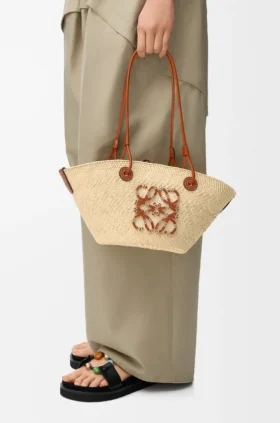 Small Anagram Basket Bag in Iraca Palm and Calfskin