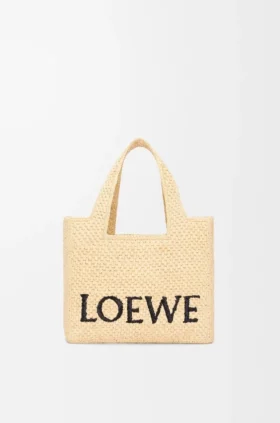 Small Loewe Font Tote in Raffia