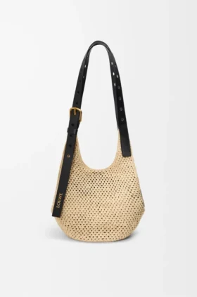 Small Punch Hole Hobo in Raffia and Calfskin